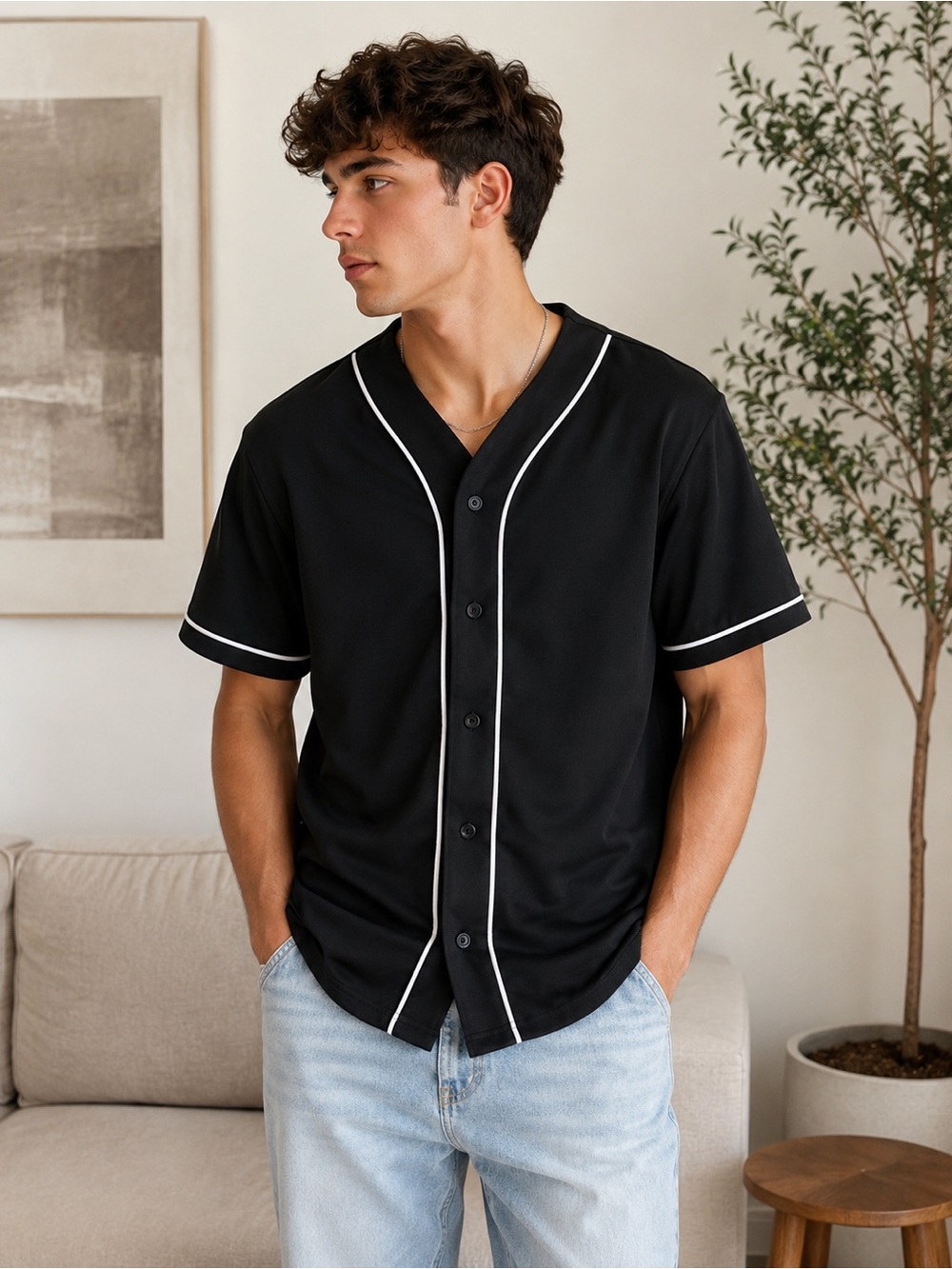 Forever 21 Men Black Baseball Jersey Shirt Size M Streetwear Athleisure